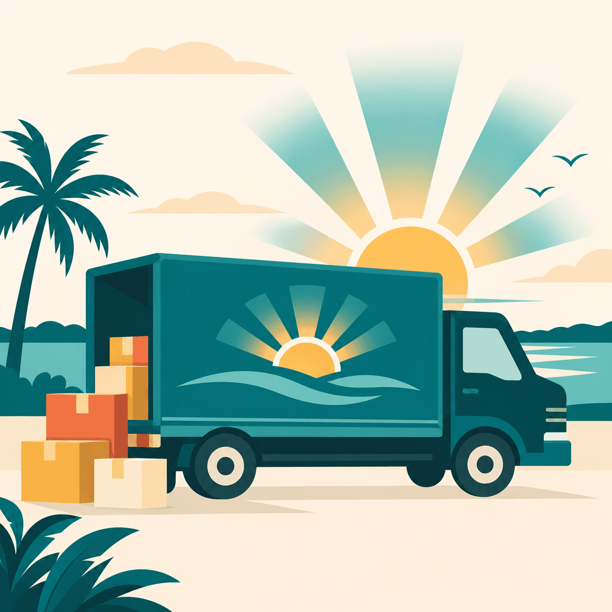 Brand illustration of a teal delivery truck and pantry boxes at sunrise