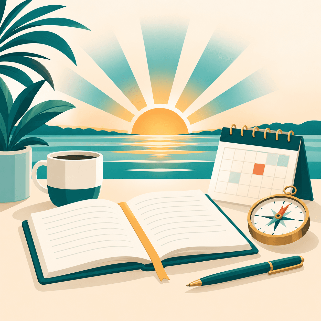 Brand illustration of a notebook, calendar, and compass at sunrise