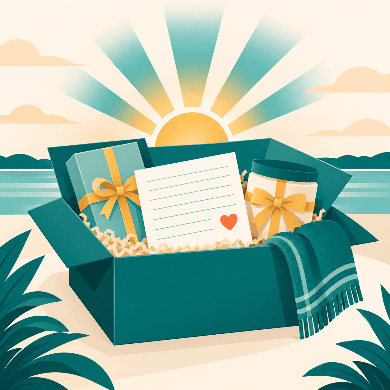 Brand illustration of an open care kit with a blank note