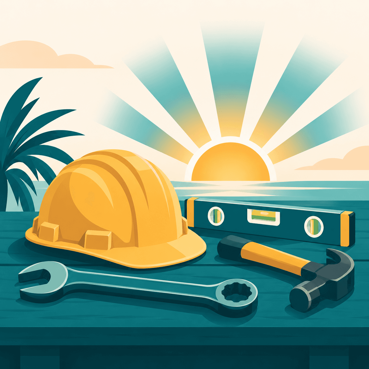Brand illustration of a hard hat and tools on a workbench at sunrise